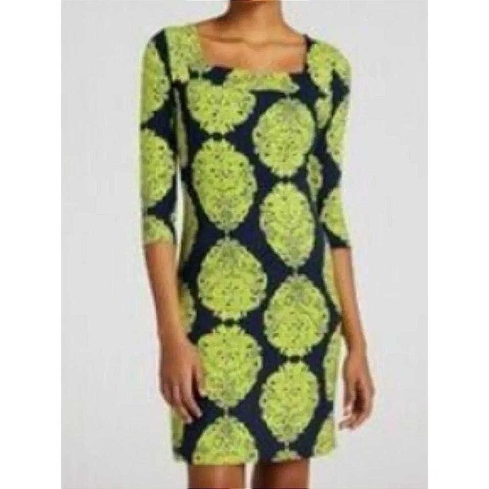 Lilly Pulitzer Navy Lime Green Damask Silk Jersey Square Neck Sheath Dress 6